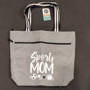 Gray Sports Mom Tote Bag with Black Straps